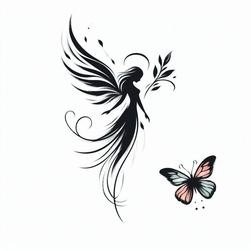 Fine Line Fairy & Butterfly Tattoo