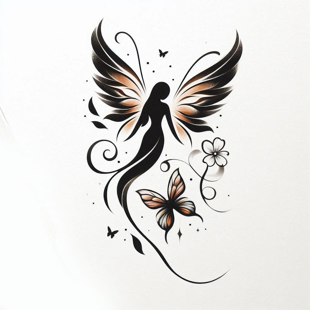 Fine Line Fairy & Butterfly Tattoo